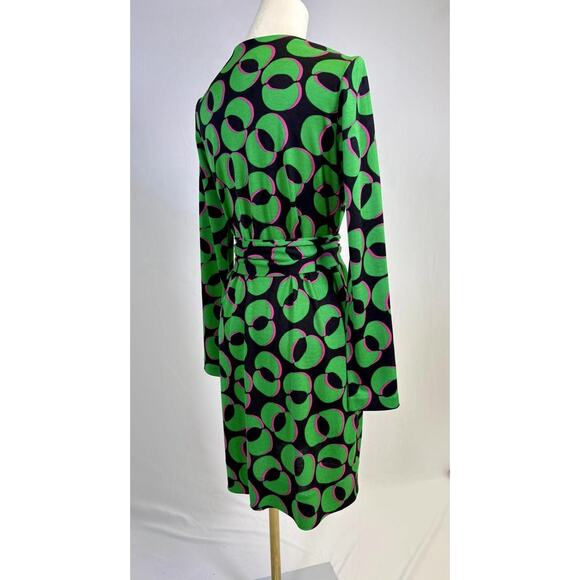 Diane Von Furstenberg Green Pink Geometric 100% Silk Long Sleeve Mini Dress Sz 2 - Picture 10 of 11